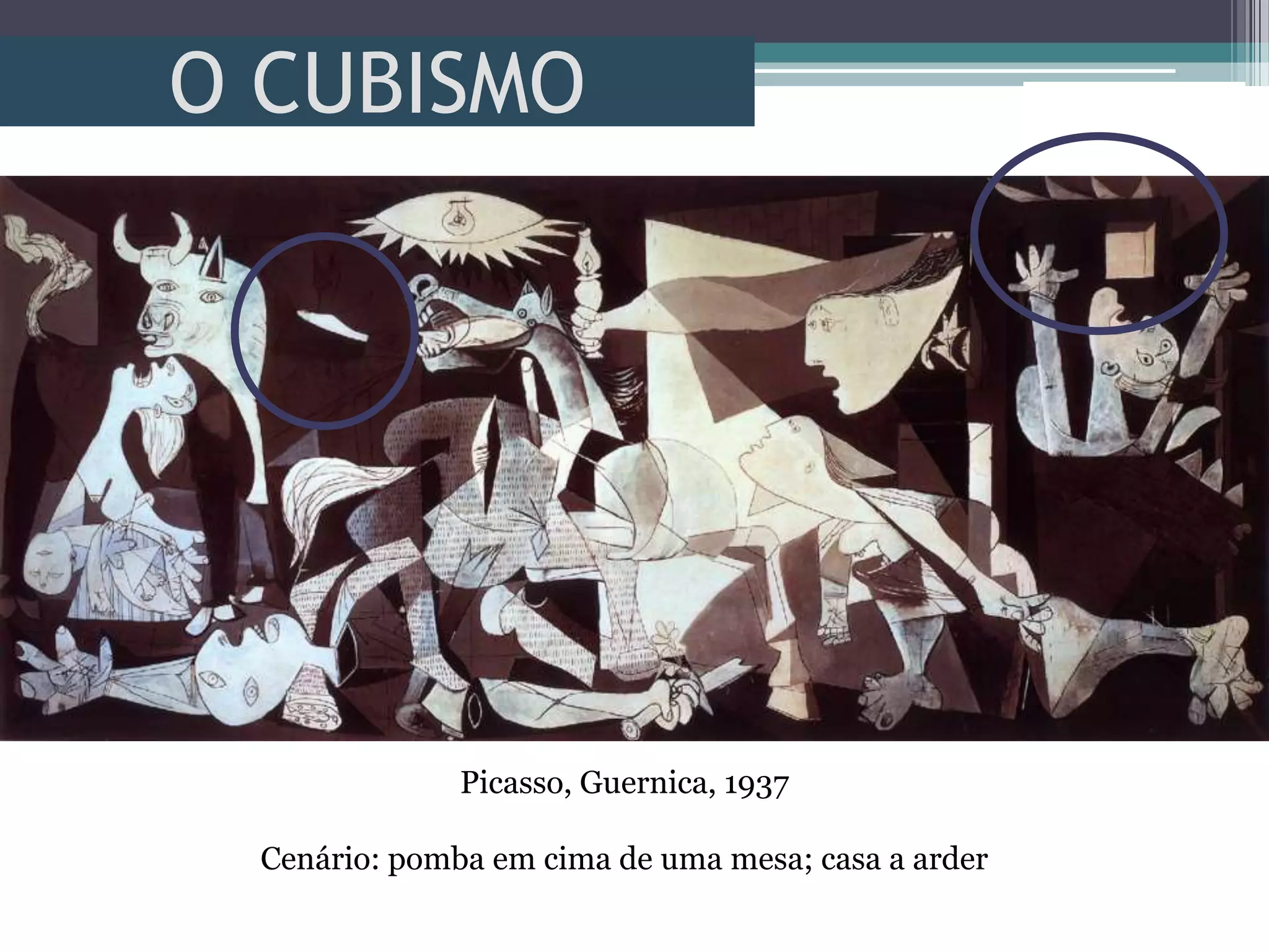 O CUBISMO
Picasso, Guernica, 1937
Cenário: pomba em cima de uma mesa; casa a arder
 