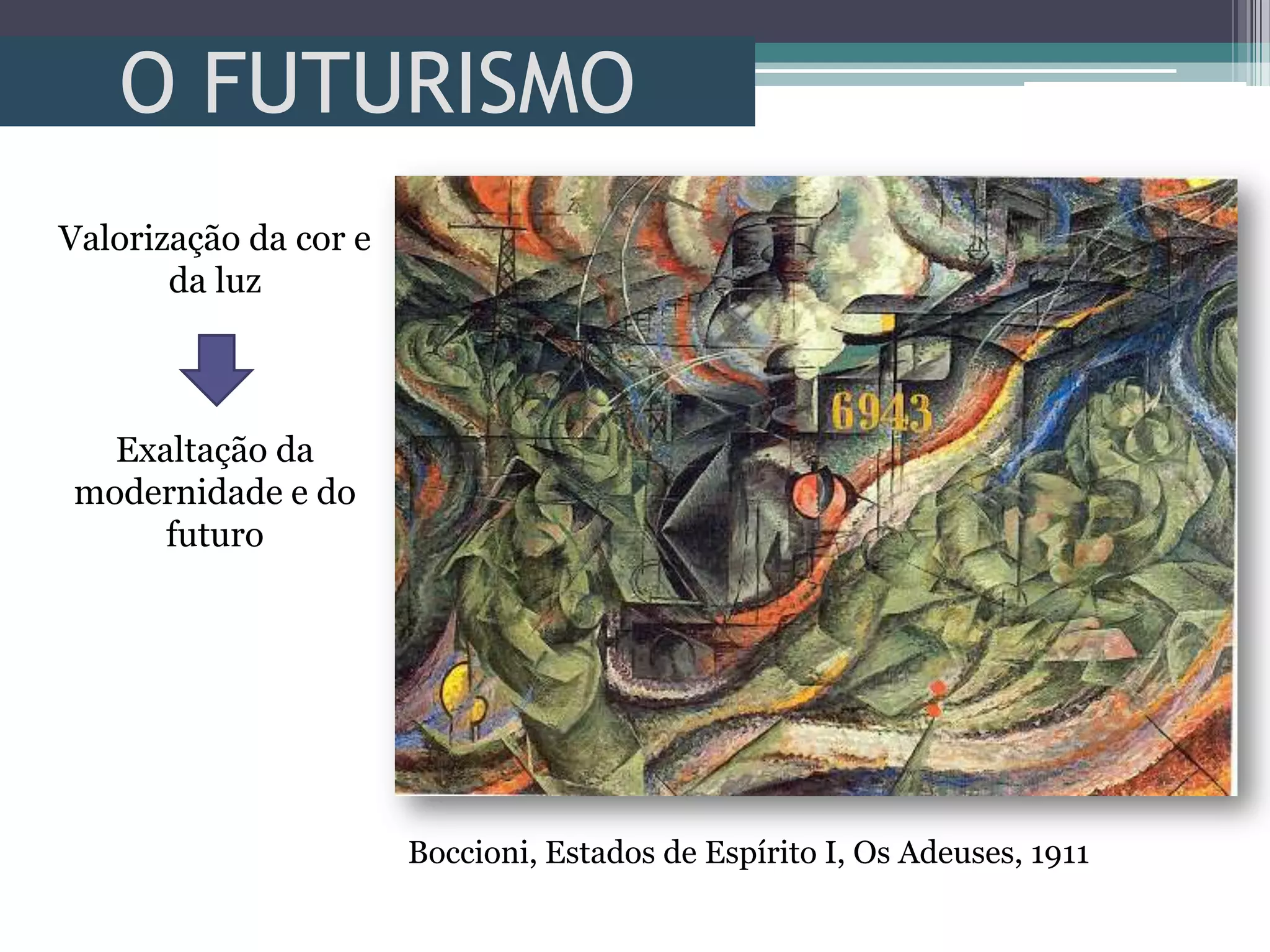 O FUTURISMO
Valorização da cor e
da luz
Exaltação da
modernidade e do
futuro
Boccioni, Estados de Espírito I, Os Adeuses, 1911
 