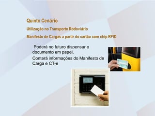 Quinto Cenário
Utilização no Transporte Rodoviário
Manifesto de Cargas a partir do cartão com chip RFID

    Poderá no futuro dispensar o
   documento em papel.
   Conterá informações do Manifesto de
   Carga e CT-e
 
