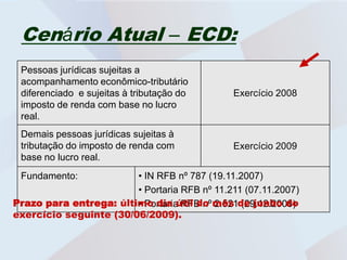 Cenário Atual – ECD:
 Pessoas jurídicas sujeitas a
 acompanhamento econômico-tributário
 diferenciado e sujeitas à tributação do      Exercício 2008
 imposto de renda com base no lucro
 real.
 Demais pessoas jurídicas sujeitas à
 tributação do imposto de renda com           Exercício 2009
 base no lucro real.
 Fundamento:            • IN RFB nº 787 (19.11.2007)
                        • Portaria RFB nº 11.211 (07.11.2007)
Prazo para entrega: último dia útil do mês de junho do
                        • Portaria RFB nº 2.521 (29.12.2008)
exercício seguinte (30/06/2009).
 