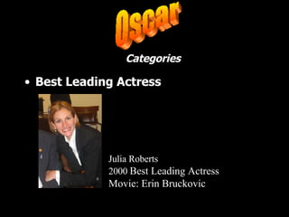<ul><li>Best Leading Actress </li></ul>Categories Julia Roberts 2000  Best Leading Actress Movie: Erin Bruckovic Oscar 