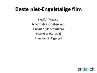 Beste niet-Engelstalige filmBiutiful(Mexico)Kynodontas (Griekenland)H?vnen (Denemarken)Incendies (Canada)Hors-la-loi (Algerije)
