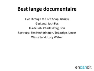 Best lange documentaireExit Through the Gift Shop: BanksyGasLand: Josh FoxInside Job: Charles FergusonRestrepo: Tim Hetherington, Sebastian JungerWaste Land: Lucy Walker