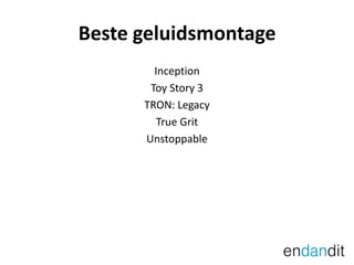 Beste geluidsmontageInceptionToy Story 3TRON: LegacyTrue GritUnstoppable