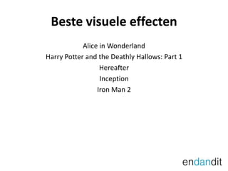 Beste visuele effectenAlice in WonderlandHarry Potter and the Deathly Hallows: Part 1HereafterInceptionIron Man 2