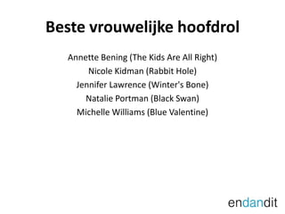Beste vrouwelijke hoofdrolAnnette Bening (The Kids Are All Right)Nicole Kidman (Rabbit Hole)Jennifer Lawrence (Winter'sBone)Natalie Portman (Black Swan)Michelle Williams (Blue Valentine)