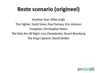 Beste scenario (origineel)AnotherYear: Mike LeighThe Fighter: ScottSilver, Paul Tamasy, Eric JohnsonInception: Christopher NolanThe Kids Are All Right: Lisa Cholodenko, StuartBlumbergThe King's Speech: David Seidler