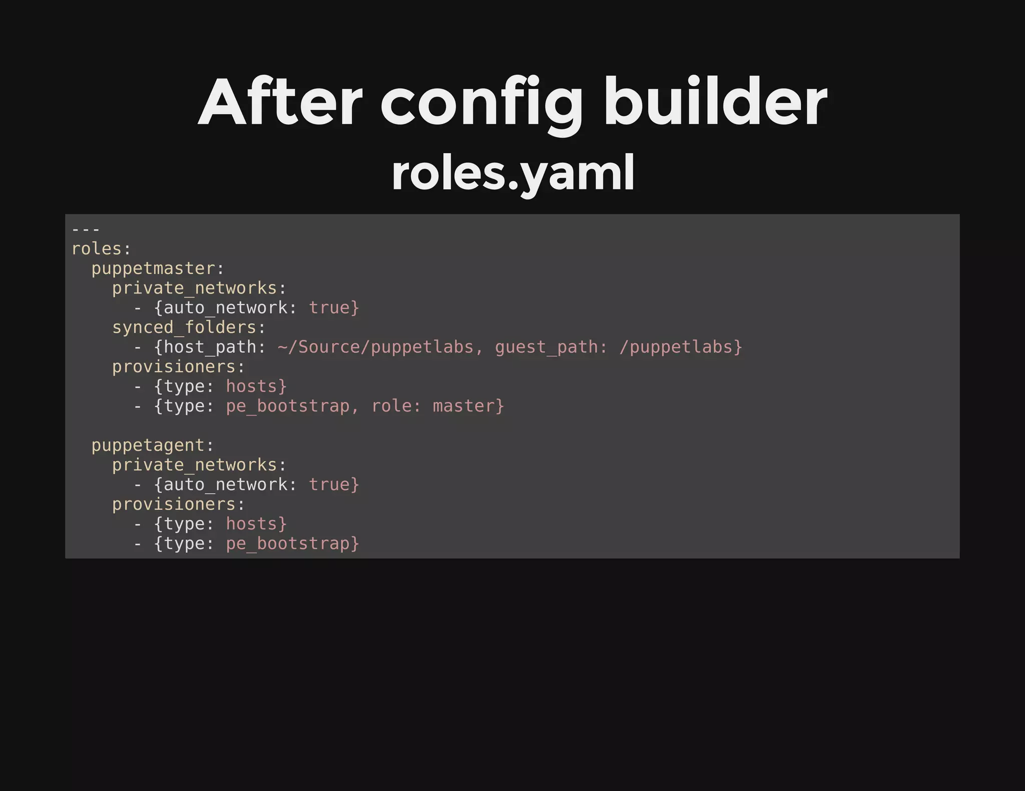 After config builder
roles.yaml
---
roles:
puppetmaster:
private_networks:
- {auto_network: true}
synced_folders:
- {host_path: ~/Source/puppetlabs, guest_path: /puppetlabs}
provisioners:
- {type: hosts}
- {type: pe_bootstrap, role: master}
puppetagent:
private_networks:
- {auto_network: true}
provisioners:
- {type: hosts}
- {type: pe_bootstrap}
 