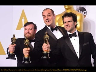 Ben Wilkins, Thomas Curley and Craig Mann, winners for Best Sound Mixing Award for WhiplashPicture: FREDERIC J. BROWN/AFP/...