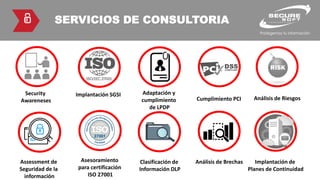SERVICIOS DE CONSULTORIA
Assessment de
Seguridad de la
información
Asesoramiento
para certificación
ISO 27001
Clasificación de
Información DLP
Security
Awareneses
Implantación SGSI Adaptación y
cumplimiento
de LPDP
Cumplimiento PCI Análisis de Riesgos
Análisis de Brechas Implantación de
Planes de Continuidad
 