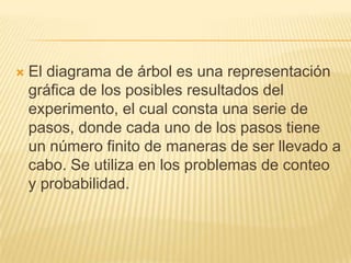    El diagrama de árbol es una representación
    gráfica de los posibles resultados del
    experimento, el cual consta una serie de
    pasos, donde cada uno de los pasos tiene
    un número finito de maneras de ser llevado a
    cabo. Se utiliza en los problemas de conteo
    y probabilidad.
 