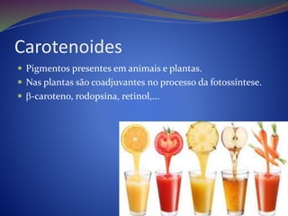 Carotenoides
 Pigmentos presentes em animais e plantas.
 Nas plantas são coadjuvantes no processo da fotossíntese.
 -caroteno, rodopsina, retinol,...
 