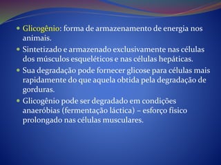  Glicogênio: forma de armazenamento de energia nos
animais.
 Sintetizado e armazenado exclusivamente nas células
dos músculos esqueléticos e nas células hepáticas.
 Sua degradação pode fornecer glicose para células mais
rapidamente do que aquela obtida pela degradação de
gorduras.
 Glicogênio pode ser degradado em condições
anaeróbias (fermentação láctica) – esforço físico
prolongado nas células musculares.
 
