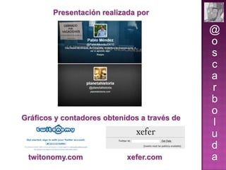 Presentación realizada por

Gráficos y contadores obtenidos a través de

twitonomy.com

xefer.com

@
o
s
c
a
r
b
o
l
u
d
a

 