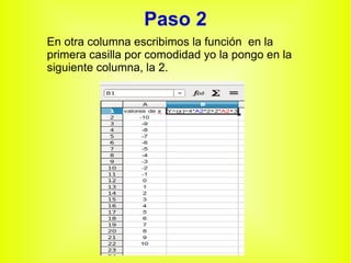 Paso 2 En otra columna escribimos la función  en la primera casilla por comodidad yo la pongo en la siguiente columna, la 2. 
