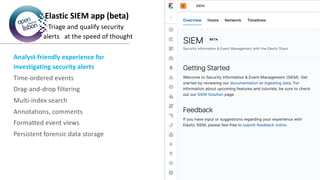 Put you logo
above this
Elastic SIEM app (beta)
Triage and qualify security
alerts at the speed of thought
Analyst-friendly experience for
investigating security alerts
Time-ordered events
Drag-and-drop filtering
Multi-index search
Annotations, comments
Formatted event views
Persistent forensic data storage
 
