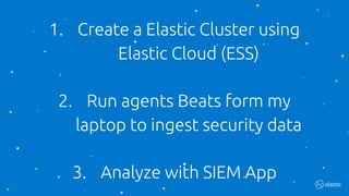 Put you logo
above this
1. Create a Elastic Cluster using
Elastic Cloud (ESS)
2. Run agents Beats form my
laptop to ingest security data
3. Analyze with SIEM App
 