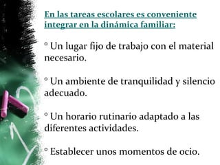 En las tareas escolares es conveniente 
integrar en la dinámica familiar: 
° Un lugar fijo de trabajo con el material 
necesario. 
° Un ambiente de tranquilidad y silencio 
adecuado. 
° Un horario rutinario adaptado a las 
diferentes actividades. 
° Establecer unos momentos de ocio. 
 