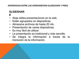 DIFERENCIAS ENTRE LAS HERRAMIENTAS SLIDESHARE Y PREZI 
SLIDESHAR 
E 
• Aloja slides-presentaciones en la web. 
• Están agrupados en diapositivas. 
• Almacena archivos de hasta 20 mb. 
• Presentación de varias diapositivas. 
• Es muy fácil de utilizar. 
• La presentación es tradicional y más sencilla. 
• Se integra la información a través de la 
transición de la información. 
 