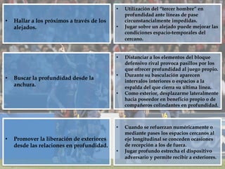 •  Hallar a los próximos a través de los
alejados.
•  Utilización del “tercer hombre” en
profundidad ante líneas de pase
circunstancialmente impedidas.
•  Jugar sobre un alejado puede mejorar las
condiciones espacio-temporales del
cercano.
•  Buscar la profundidad desde la
anchura.
•  Distanciar a los elementos del bloque
defensivo rival provoca pasillos por los
que ofrecer profundidad al juego propio.
•  Durante su basculación aparecen
intervalos interiores o espacios a la
espalda del que cierra su última línea.
•  Como exterior, desplazarme lateralmente
hacia poseedor en beneficio propio o de
compañeros colindantes en profundidad.
•  Promover la liberación de exteriores
desde las relaciones en profundidad.
•  Cuando se refuerzan numéricamente o
mediante pases los espacios cercanos al
eje longitudinal se conceden ocasiones
de recepción a los de fuera.
•  Jugar profundo estrecha el dispositivo
adversario y permite recibir a exteriores.
 