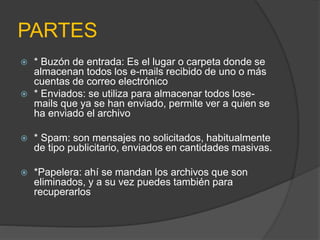 PARTES 
 * Buzón de entrada: Es el lugar o carpeta donde se 
almacenan todos los e-mails recibido de uno o más 
cuentas de correo electrónico 
 * Enviados: se utiliza para almacenar todos lose-mails 
que ya se han enviado, permite ver a quien se 
ha enviado el archivo 
 * Spam: son mensajes no solicitados, habitualmente 
de tipo publicitario, enviados en cantidades masivas. 
 *Papelera: ahí se mandan los archivos que son 
eliminados, y a su vez puedes también para 
recuperarlos 
 