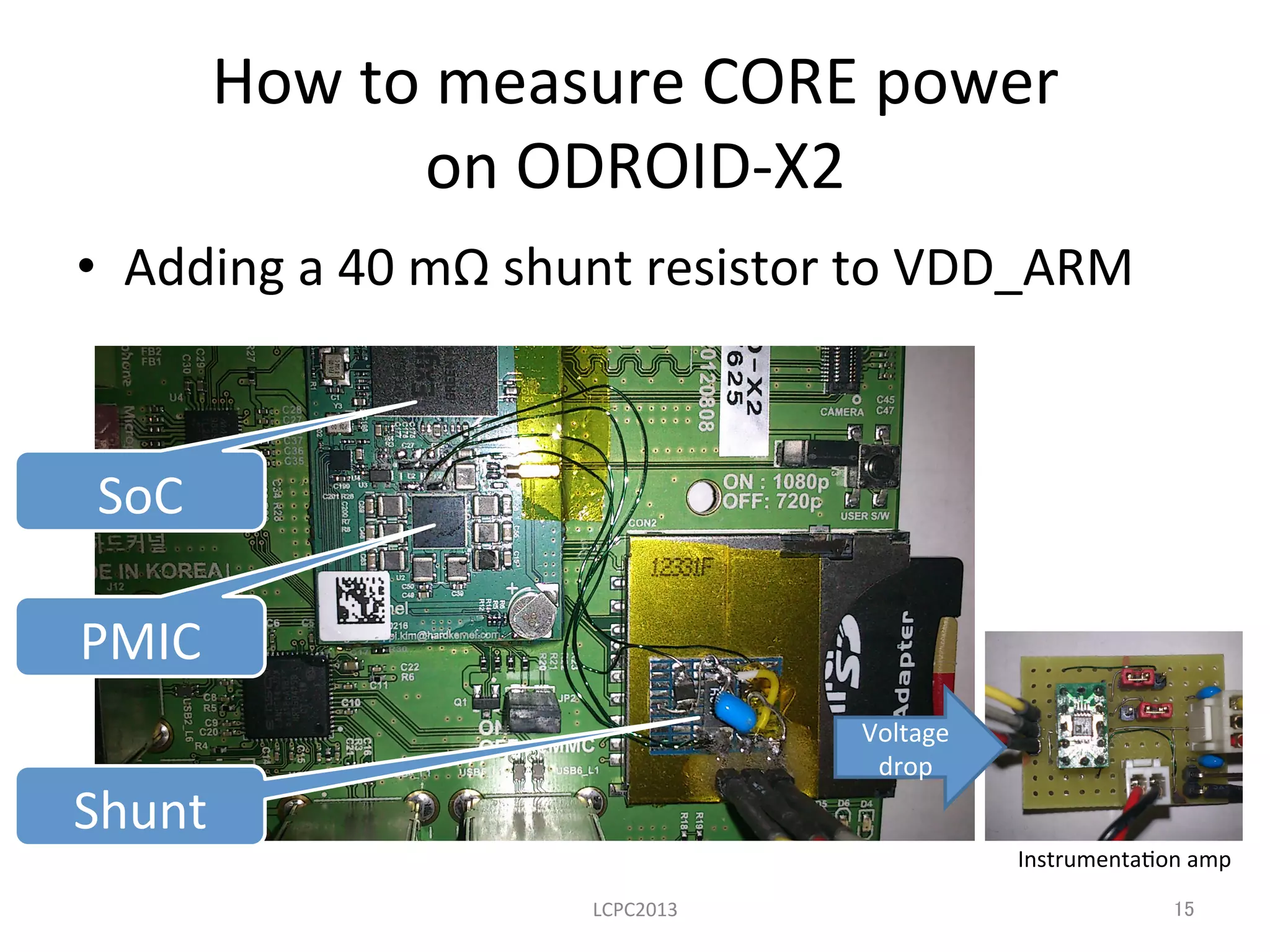 How	
  to	
  measure	
  CORE	
  power	
  	
  
on	
  ODROID-­‐X2	
•  Adding	
  a	
  40	
  mΩ	
  shunt	
  resistor	
  to	
  VDD_ARM	
LCPC2013	
SoC	
PMIC	
Shunt	
Instrumenta3on	
  amp	
Voltage	
  
drop	
15	
 