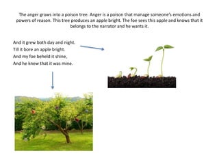 The anger grows into a poison tree. Anger is a poison that manage someone’s emotions and 
powers of reason. This tree produces an apple bright. The foe sees this apple and knows that it 
belongs to the narrator and he wants it. 
And it grew both day and night. 
Till it bore an apple bright. 
And my foe beheld it shine, 
And he knew that it was mine. 
 