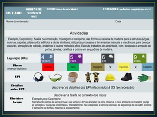 OS CARD 
ORDEM DE 
SERVIÇO 
SST 
SETOR (área da atividade) CATEGORIA (pedreiro, carpinteiro, etc.) 
Nome do ordenado Data 
Atividades 
Exemplo (Carpinteiro): Auxilia na construção, montagem e transporte, das formas e caixaria de madeira para a estrutura (vigas, 
colunas, sapatas, pilares) dos edifícios e obras similares, utilizando processos e ferramentas manuais e mecânicas, para compor 
tesouras, armações de telhado, andaimes e outros materiais afins. Executa trabalhos de carpintaria, com, desbaste e armação de 
portas, janelas, caixilhos e outros em esquadrias de madeira. 
Legislação (NRs) 
Riscos 
(marcar opções) químico físico biologico x Ergonômico x Acidente 
EPI 
Detalhes 
sobre EPI descrever os detalhes dos EPI relacionados à OS (se necessário 
Diretrizes 
Gerais 
descrever a tarefa no contexto dos riscos 
Exemplo para Carpinteiro: 
Aterramento elétrico da serra circular; use sempre o EPI ao transitar na obra; Observe o meio ambiente do trabalho corrija 
as condições, inseguras encontradas, imediatamente; não ultrapasse a barreira (cancela) de segurança do elevador, durante 
o transporte de formas, materiais e equipamentos 
 