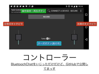 コントローラー
BluetoochChatをいじっただけだけど、GitHubで公開し
てまっす
左側のキャタピラ 右側のキャタピラ
操作保存・再生ボタン
ターボボタン(奥の手)
 