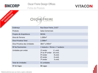 Oscar Freire Design Offices
                                                 Ficha do Produto




                     Endereço                                Rua Oscar Freire, 2.617
                     Produto                                 Salas Comerciais
                     Projeto de Arquitetura                  MCAA
                     Área do Terreno                         1.200m²
                     Área Privativa Total                    2.598m²
                     Área Privativa das Unidades             38m² a 440m²
                     Nº de Pavimentos                        1 Subsolo + Térreo + 7 andares
                     Unidades por andar                      1º andar        4 unid.
                                                             2º ao 4º andar 10 unid.
                                                             5º andar        8 unid.
                                                             6º andar        6 unid.
                                                             7º andar        3 unid.
                     Total de Unidades                       51 unidades
                     Nº de Vagas                             88 vagas


Material preliminar para uso interno, sujeito a alterações
 