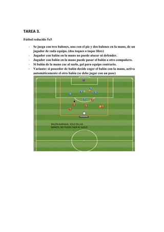 TAREA 3.
Fútbol reducido 5x5

   -   Se juega con tres balones, uno con el pie y dos balones en la mano, de un
       jugador de cada equipo. (dos toques o toque libre)
   -   Jugador con balón en la mano no puede atacar ni defender.
   -   Jugador con balón en la mano puede pasar el balón a otro compañero.
   -   Si balón de la mano cae al suelo, gol para equipo contrario.
   -   Variante: si poseedor de balón decide coger el balón con la mano, activa
       automáticamente el otro balón (se debe jugar con un pase)



                                                      3
                                          3                   3
                                 3
                                              3           2
                                     2
                                                  2               2
                                 2




                   BALÓN NARANJA, SÓLO EN LAS
                   MANOS, NO PUEDE CAER AL SUELO
 