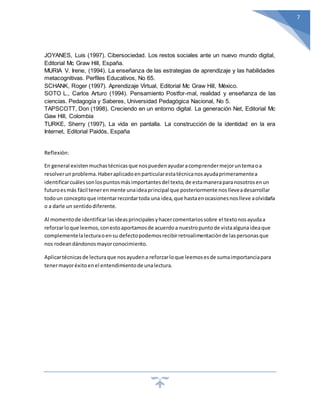 7
JOYANES, Luis (1997). Cibersociedad. Los restos sociales ante un nuevo mundo digital,
Editorial Mc Graw Hill, España.
MURIA V. Irene, (1994). La enseñanza de las estrategias de aprendizaje y las habilidades
metacognitivas. Perfiles Educativos, No 65.
SCHANK, Roger (1997). Aprendizaje Virtual, Editorial Mc Graw Hill, México.
SOTO L., Carlos Arturo (1994). Pensamiento Postfor-mal, realidad y enseñanza de las
ciencias. Pedagogía y Saberes, Universidad Pedagógica Nacional, No 5.
TAPSCOTT, Don (1998). Creciendo en un entorno digital. La generación Net, Editorial Mc
Gaw Hill, Colombia
TURKE, Sherry (1997), La vida en pantalla. La construcción de la identidad en la era
Internet, Editorial Paidós, España
Reflexión:
En general existenmuchastécnicasque nospuedenayudaracomprendermejoruntemaoa
resolverunproblema.Haberaplicadoenparticularestatécnicanosayudaprimeramentea
identificarcuálessonlospuntosmásimportantesdel texto,de estamaneraparanosotrosenun
futuroesmás fácil tenerenmente unaideaprincipal que posteriormente noslleveadesarrollar
todoun conceptoque intentarrecordartoda una idea,que hastaenocasionesnoslleve aolvidarla
o a darle un sentidodiferente.
Al momentode identificarlasideasprincipalesyhacercomentariossobre el textonosayudaa
reforzarloque leemos,conestoaportamosde acuerdoa nuestropuntode vistaalgunaideaque
complementelalecturaoensu defectopodemosrecibirretroalimentaciónde laspersonasque
nos rodeandándonosmayorconocimiento.
Aplicartécnicasde lecturaque nosayudena reforzarloque leemosesde sumaimportanciapara
tenermayoréxitoenel entendimientode unalectura.
 