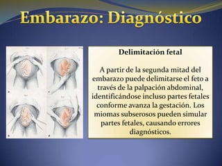 Delimitación fetal

   A partir de la segunda mitad del
embarazo puede delimitarse el feto a
  través de la palpación abdominal,
identificándose incluso partes fetales
  conforme avanza la gestación. Los
 miomas subserosos pueden simular
   partes fetales, causando errores
             diagnósticos.
 