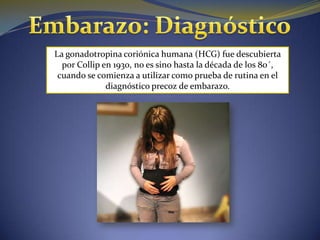 La gonadotropina coriónica humana (HCG) fue descubierta
  por Collip en 1930, no es sino hasta la década de los 80´,
 cuando se comienza a utilizar como prueba de rutina en el
              diagnóstico precoz de embarazo.
 