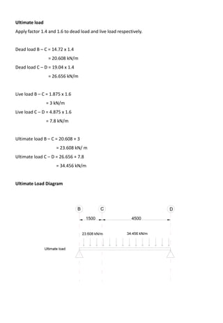 Ultimate load
Apply factor 1.4 and 1.6 to dead load and live load respectively.
Dead load B – C = 14.72 x 1.4
= 20.608 kN/m
Dead load C – D = 19.04 x 1.4
= 26.656 kN/m
Live load B – C = 1.875 x 1.6
= 3 kN/m
Live load C – D = 4.875 x 1.6
= 7.8 kN/m
Ultimate load B – C = 20.608 + 3
= 23.608 kN/ m
Ultimate load C – D = 26.656 + 7.8
= 34.456 kN/m
Ultimate Load Diagram
 