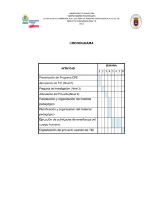 UNIVERSIDAD DE PAMPLONA
                          COMPUTADORES PARA EDUCAR
   ESTRATEGIA DE FORMACIÓN Y ACCESO PARA LA APROPIACIÓN PEDAGÓGICA DE LAS TIC
                         PROYECTO PEDAGÓGICO CON TIC
                                     2012




                            CRONOGRAMA




                                                               SEMANA
                    ACTIVIDAD
                                                        1 2 3 4 5 6 7 8

Presentación del Programa CPE

Apropiación de TIC (Nivel 2)

Pregunta de Investigación (Nivel 3)

Articulación del Proyecto (Nivel 4)
Recolección y organización del material
pedagógico
Planificación y organización del material
pedagógico
Ejecución de actividades de enseñanza del
cuerpo humano.
Digitalización del proyecto usando las TIC
 