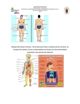UNIVERSIDAD DE PAMPLONA
                                    COMPUTADORES PARA EDUCAR
             ESTRATEGIA DE FORMACIÓN Y ACCESO PARA LA APROPIACIÓN PEDAGÓGICA DE LAS TIC
                                   PROYECTO PEDAGÓGICO CON TIC
                                               2012




Dibujos del Cuerpo Humano - Es la estructura física y material del ser humano, se
  compone de cabeza, tronco y extremidades; los brazos son las extremidades
                        superiores y las piernas las inferiores
 