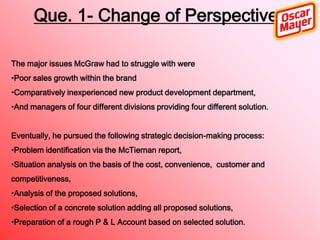 Que. 1- Change of Perspective
The major issues McGraw had to struggle with were
•Poor sales growth within the brand

•Comparatively inexperienced new product development department,
•And managers of four different divisions providing four different solution.
Eventually, he pursued the following strategic decision-making process:
•Problem identification via the McTiernan report,
•Situation analysis on the basis of the cost, convenience, customer and
competitiveness,
•Analysis of the proposed solutions,
•Selection of a concrete solution adding all proposed solutions,
•Preparation of a rough P & L Account based on selected solution.

 