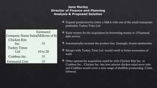  Expand production by either a M&A with one of the small enterprises
preferably Turkey Time Ltd.
 Raise money for the acquisition by borrowing money at 12%annual
debt service.
 Automatically increase the product line. Example: frozen sandwiches.
 Merger with Turkey Time Ltd. would result in better economies of
scale.
 Other options for acquisition could be with Chicken Rite Inc. or
Crabbies Inc.. Chicken Inc. has low calories chicken salad serve tubs
and Crabbies would cover a new range of shellfish products(eg. Crabs,
lobsters)
Company Name
Estimated
Sales(Millions of $)
Chicken Rite
Inc. 15
Turkey Times
Ltd 10 to 20
Crabbies Inc. 15
Estimated Cost 15
Jane Morley
Director of Finance and Planning
Analysis & Proposed Solution
 