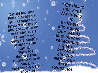 "Os deseo una Feliz Navidad y que tengáis un largo y próspero año 2012, que en este año seáis felices y no tengáis ningún problema de salud.  Para los deportistas cuidado con el dopaje, tolerancia cero " (Morales) " Os deseo una Feliz Navidad y un próspero año nuevo. Que paséis muy buenas vacaciones y que el próximo año sea mejor que éste" (Gonzalo)  