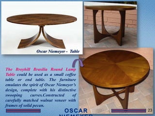 Oscar Niemeyer - Table



The Broyhill Brasilia Round Lamp
Table could be used as a small coffee
table or end table. The furniture
emulates the spirit of Oscar Niemeyer’s
design, complete with his distinctive
swooping      curves.Constructed     of
carefully matched walnut veneer with
frames of solid pecan.
                                          23
 