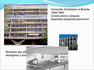 Immeuble d’habitation à Brasilia
1956-1960
Constructions cubiques
disposées perpendiculairement
Ministere des affaires
etrangeres à brasilia 1962
 