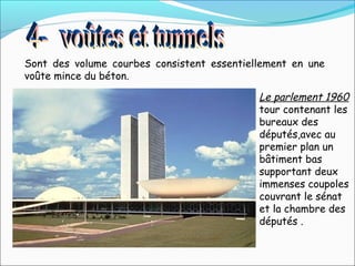 Sont des volume courbes consistent essentiellement en une
voûte mince du béton.
Le parlement 1960
tour contenant les
bureaux des
députés,avec au
premier plan un
bâtiment bas
supportant deux
immenses coupoles
couvrant le sénat
et la chambre des
députés .
 