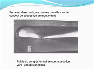 Palais du congrès tunnel de communication
vers l’une des annexes
Niemeyer dans quelques œuvres travailla avec le
concept du suggestion du mouvement
 