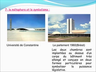 7- la métaphore et le symbolisme :
Les deux chambres sont
implantées au dessus d’un
corps du bâtiment très
allongé et conçues en deux
formes particulières pour
symboliser la puissance
législative.
Le parlement 1960(Brésil)Université de Constantine
 
