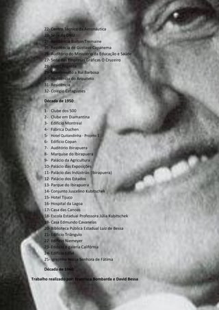 22- Centro Técnico da Aeronáutica
      23- Sede da ONU
      24- Residência Burton Tremaine
      25- Residência de Gustavo Capanema
      26- Auditório do Ministério da Educação e Saúde
      27- Sede das Empresas Gráficas O Cruzeiro
      28- Hotel Regente
      29- Monumento a Rui Barbosa
      30- Residência do Arquiteto
      31- Residência
      32- Colégio Cataguases

      Década de 1950:

      1- Clube dos 500
      2- Clube em Diamantina
      3- Edifício Montreal
      4- Fábrica Duchen
      5- Hotel Quitandinha - Projeto 1
      6- Edifício Copan
      7- Auditório Ibirapuera
      8- Marquise do Ibirapuera
      9- Palácio da Agricultura
      10- Palácio das Exposições
      11- Palácio das Indústrias (Ibirapuera)
      12- Palácio dos Estados
      13- Parque do Ibirapuera
      14- Conjunto Juscelino Kubitschek
      15- Hotel Tijuco
      16- Hospital da Lagoa
      17- Casa das Canoas
      18- Escola Estadual Professora Júlia Kubitschek
      19- Casa Edmundo Cavanelas
      20- Biblioteca Pública Estadual Luiz de Bessa
      21- Edifício Triângulo
      22- Edifício Niemeyer
      23- Edifício e galeria Califórnia
      24- Edifício Eiffel
      25- Igrejinha Nossa Senhora de Fátima

      Década de 1960:

Trabalho realizado por: Francisca Bombarda e David Bessa
 