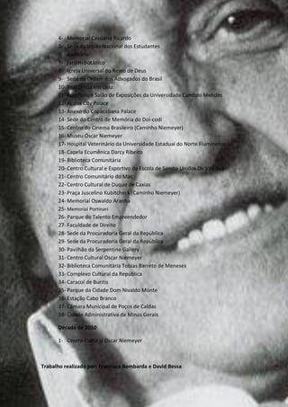 4- Memorial Cassiano Ricardo
      5- Sede da União Nacional dos Estudantes
      6- Auditório
      7- Jardim Botânico
      8- Igreja Universal do Reino de Deus
      9- Sede da Ordem dos Advogados do Brasil
      10- Residência em Oslo
      11- Auditório e Salão de Exposições da Universidade Candido Mendes
      12- Acqua City Palace
      13- Anexo do Copacabana Palace
      14- Sede do Centro de Memória do Doi-codi
      15- Centro do Cinema Brasileiro (Caminho Niemeyer)
      16- Museu Óscar Niemeyer
      17- Hospital Veterinário da Universidade Estadual do Norte Fluminense
      18- Capela Ecumênica Darcy Ribeiro
      19- Biblioteca Comunitária
      20- Centro Cultural e Esportivo da Escola de Samba Unidos De Vila Isabel
      21- Centro Comunitário do Mac
      22- Centro Cultural de Duque de Caxias
      23- Praça Juscelino Kubitcheck (Caminho Niemeyer)
      24- Memorial Oswaldo Aranha
      25- Memorial Portinari
      26- Parque do Talento Empreendedor
      27- Faculdade de Direito
      28- Sede da Procuradoria Geral da República
      29- Sede da Procuradoria Geral da República
      30- Pavilhão da Serpentine Gallery
      31- Centro Cultural Oscar Niemeyer
      32- Biblioteca Comunitária Tobias Barreto de Meneses
      33- Complexo Cultural da República
      34- Caracol de Buritis
      35- Parque da Cidade Dom Nivaldo Monte
      36- Estação Cabo Branco
      37- Câmara Municipal de Poços de Caldas
      38- Cidade Administrativa de Minas Gerais

      Década de 2010:

      1- Centro Cultural Oscar Niemeyer



Trabalho realizado por: Francisca Bombarda e David Bessa
 