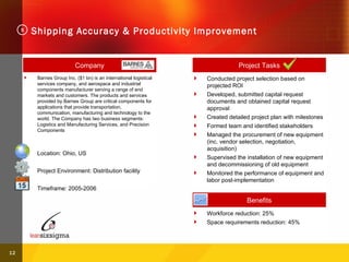 Shipping Accuracy & Productivity Improvement Company Barnes Group Inc. ($1 bn) is an international logistical services company, and aerospace and industrial components manufacturer serving a range of end markets and customers. The products and services provided by Barnes Group are critical components for applications that provide transportation, communication, manufacturing and technology to the world. The Company has two business segments: Logistics and Manufacturing Services, and Precision Components Location: Ohio, US Project Environment: Distribution facility Timeframe: 2005-2006 Project Tasks Conducted project selection based on projected ROI Developed, submitted capital request documents and obtained capital request approval Created detailed project plan with milestones Formed team and identified stakeholders Managed the procurement of new equipment (inc. vendor selection, negotiation, acquisition) Supervised the installation of new equipment and decommissioning of old equipment Monitored the performance of equipment and labor post-implementation 5 Benefits Workforce reduction: 25% Space requirements reduction: 45% 