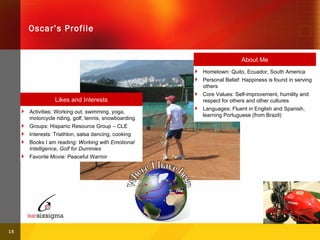 Oscar’s Profile Where I have been About Me Hometown: Quito, Ecuador, South America Personal Belief: Happiness is found in serving others Core Values: Self-improvement, humility and respect for others and other cultures Languages: Fluent in English and Spanish, learning Portuguese (from Brazil) Likes and Interests Activities: Working out, swimming, yoga, motorcycle riding, golf, tennis, snowboarding Groups: Hispanic Resource Group – CLE  Interests: Triathlon, salsa dancing, cooking Books I am reading:  Working with Emotional Intelligence, Golf for Dummies Favorite Movie: Peaceful Warrior 