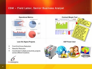 CSM – Field Labor, Senior Business Analyst Operational Metrics Contract Margin Tool I love this tool! -it greatly helps us stay on top of things! Lean Six Sigma Projects BI Dashboards RA Partners SAP Power User Front End Errors Reduction Reworks Reduction Coordinated multiple productivity projects across different locations I am seeing about $150k in revenue improvement due to the "Oscar files" for the month of April.  $130k of it out of Rochester.  We will see how it looks at the end of the month CRM ECC 